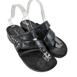 Bare Traps Shoes Womens 7.5 M Black Leather Slip On Thong Wedge Sandals